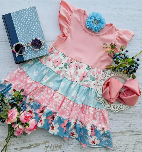 RTS Pink Floral Color Block Dress